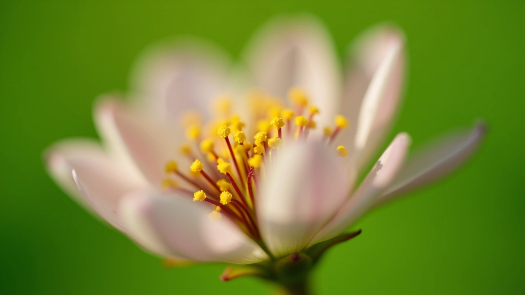 Detailní snímek makro fotografie květiny s viditelným středem a tyčinkami v přirozeném světle