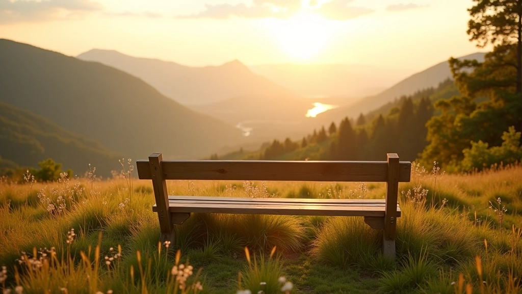 Dřevěná lavička na horské louce s panoramatickým výhledem na údolí Jeseníků